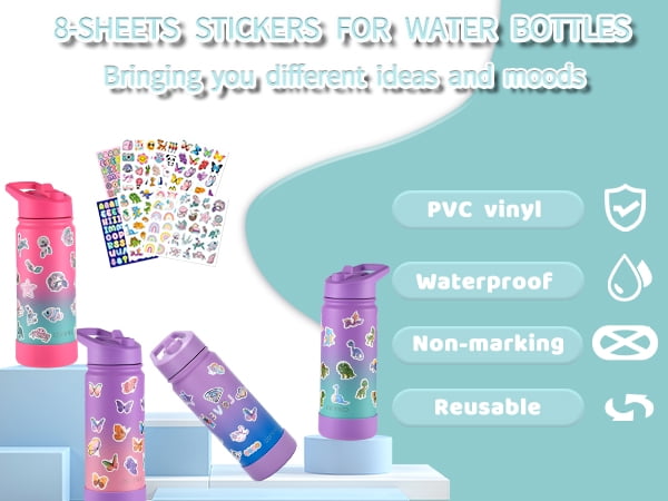 mininoo Insulated Water Bottle for School, 16oz Back to School Water Bottle with Straw Lid for Girls, Boys (Purple/Sky)