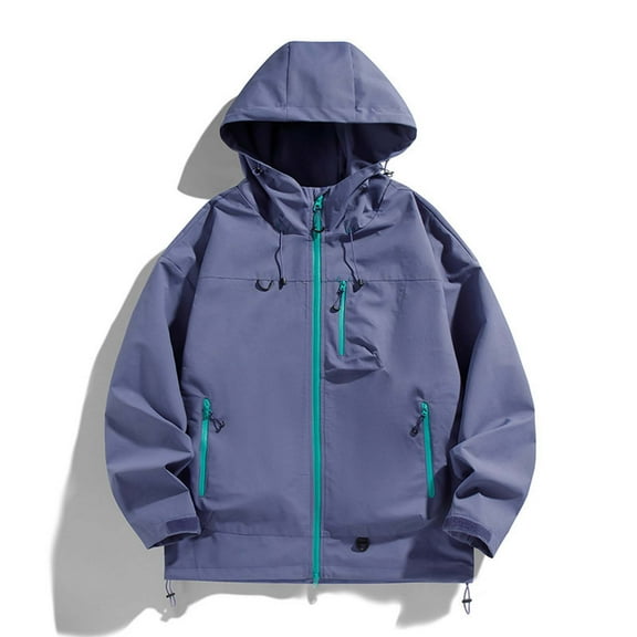 PiGOGI Men's Solid Color Windproof Waterproof Jacket Zipper Pocket Drawstring Hooded Outdoor Coat for All Seasons Purple XL
