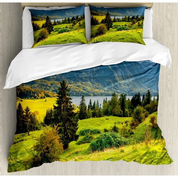 Landscape Duvet Cover Set, Summer Morning on Bohinj Lake in National Park Slovenia Greenery Nature, Decorative 3 Piece Bedding Set with 2 Pillow Shams, King Size, Green Blue Yellow, by Ambesonne