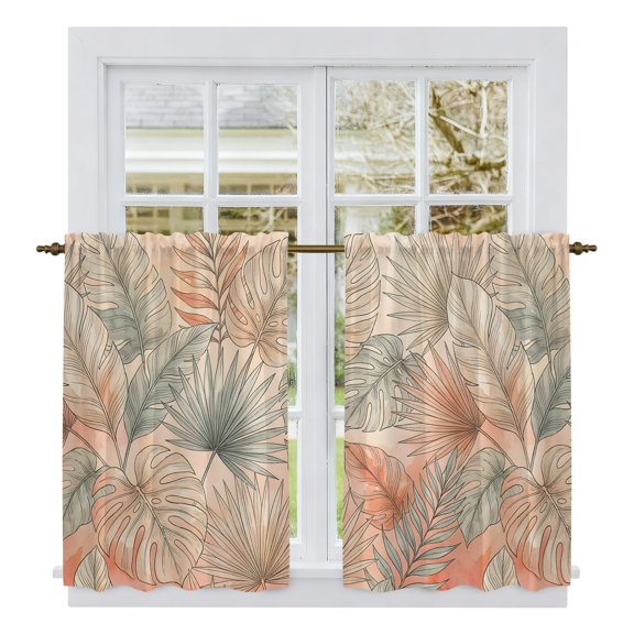 Tropical Botanical Tier Curtains 54 Inch Length, Summer Monstera Palm Leaves Bohemia Cafe Short Curtains for Bathroom Over Sink, Small Kitchen Curtain Light Filtering Drapes 2 Panels 27.5"Wx54"L
