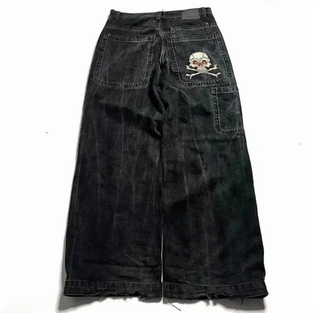 Jeans en Denim Brodés Taille Haute pour Femmes, Style Gothique Bleu Rétro Y2K