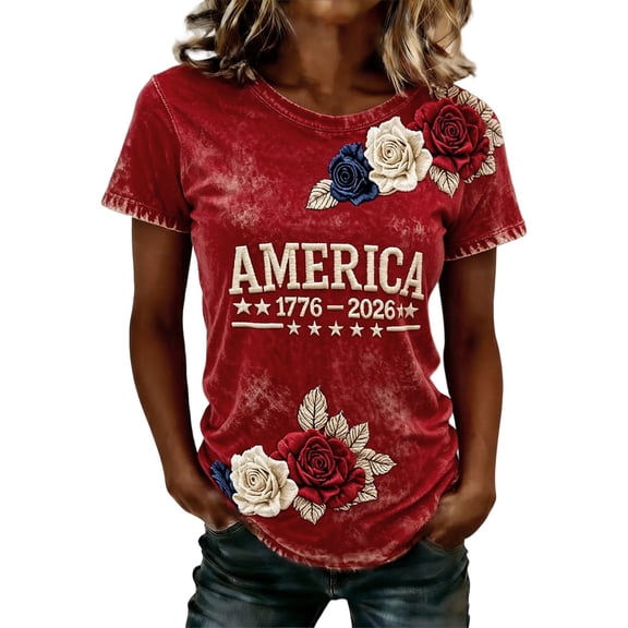 Public Womens America 250 Years Graphic Tees Plus Size Short Sleeve T-Shirts Causal Crew Neck Summer Loose Fit Tops Shirts Red XL