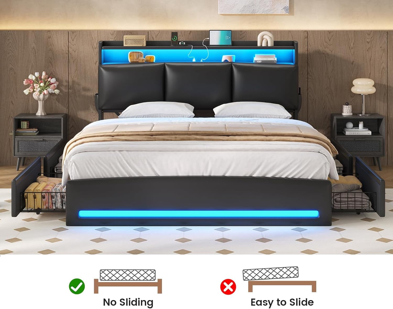 AOGLLATI Full Size Platform Bed Frame with 4 Storage Drawers, Upholstered PU Leather Headboard with Hidden Compartment, Integrated Led Lights & Charging Station, Black
