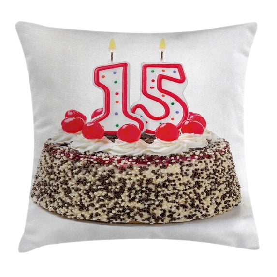 15th Birthday Decorations Throw Pillow Cushion Cover, Chocolate Cherry Cake with Number Candles Surpise Party Theme, Decorative Square Accent Pillow Case, 20 X 20 Inches, Multicolor, by Ambesonne