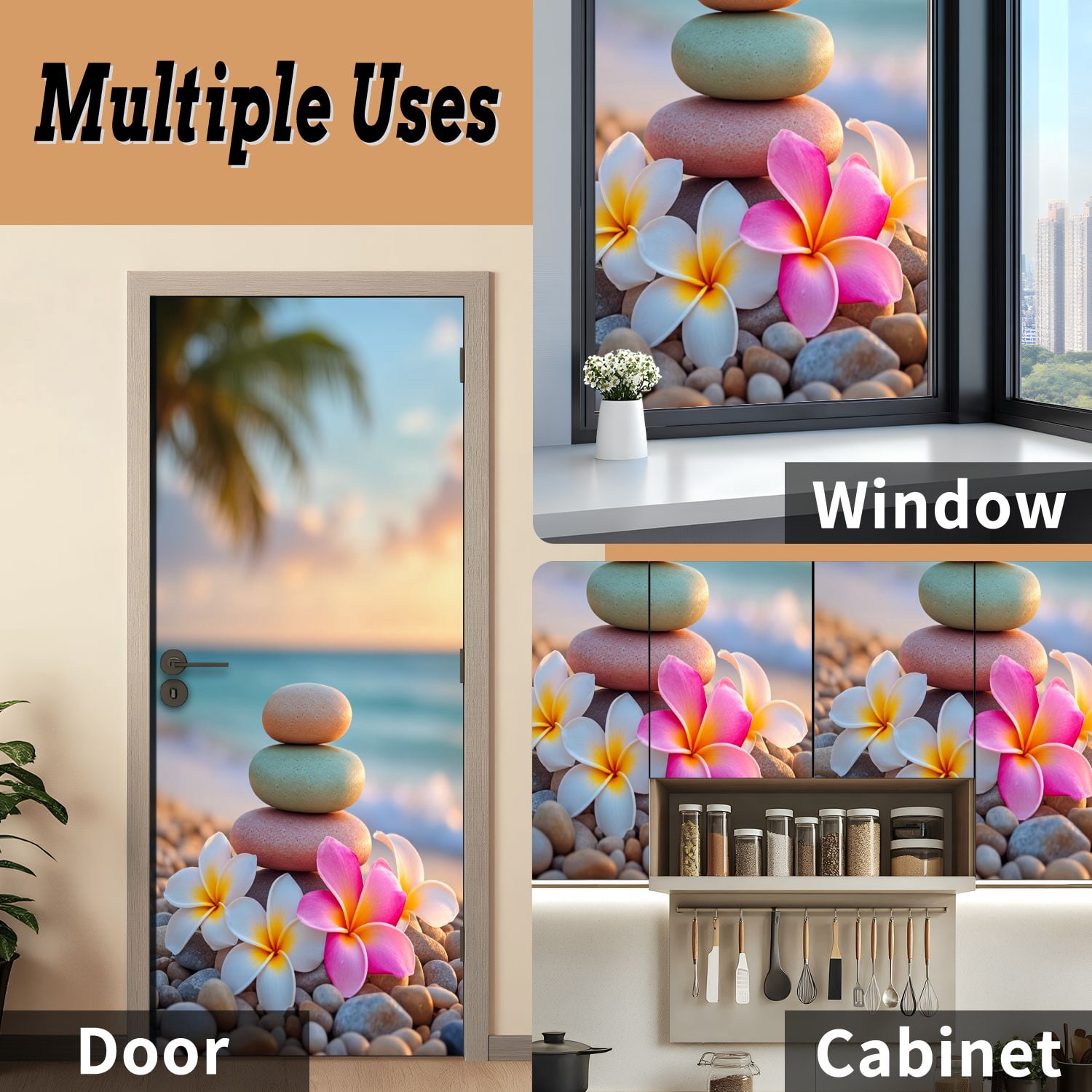Self Adhesive Vinyl Refrigerator Wrap Set Zen Stones Plumeria Flowers Tropical Beach Sunset Spiritual Door Mural Removable Fridge Sticker Peel and Stick&nbsp;Full Door Cover Decal Kitchen Bar Decor
