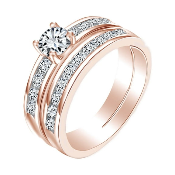 AFFY Round Shape White Cubic Zirconia 14k Rose Gold Over Sterling Silver Bridal Ring Set