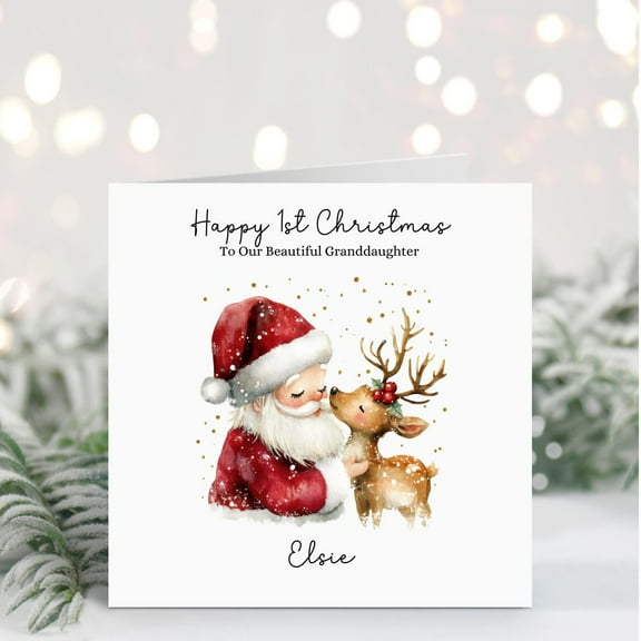 Happy 1st Christmas Card for Granddaughter – Adorable Santa and Reindeer Design – Personalized Name Option – Blank Inside for Heartfelt Messages – Perfect Keepsake Card