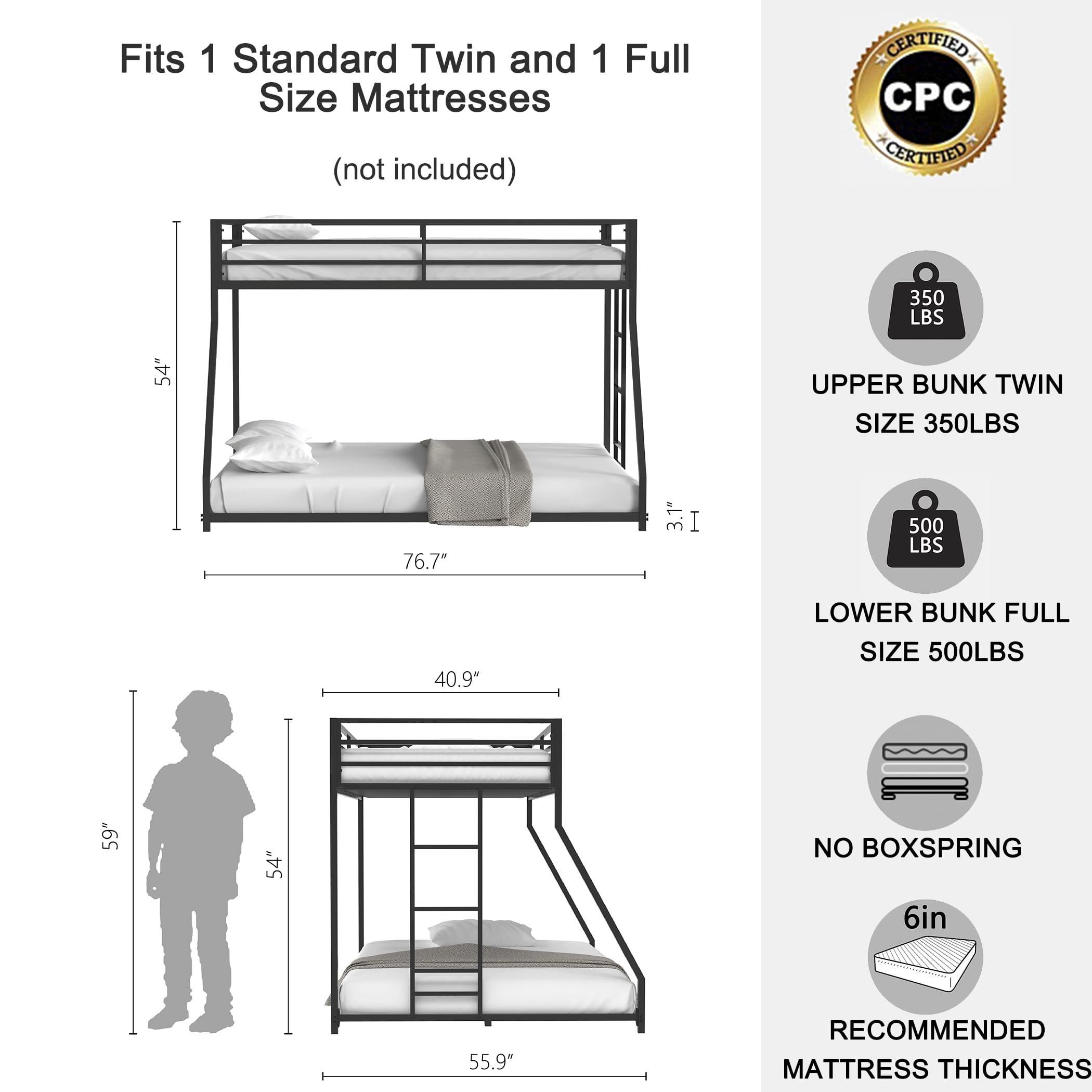 Adam Sturdy Twin over Full Bunk Bed Metal Black for Kids and Adult, Low Profile Twin over Full Bunk Bed with Ladder and Guardrails, Easy Climbing, Beds for Bedroom