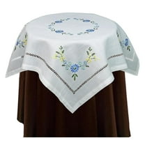 Hemstitch Embroidered Flower Tablecloth 34" Square Table Topper White Blue Spring Summer Table Linen