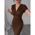 thumbnail image 6 of Women Deep V Neck Short Sleeve Midi Dress Ruched Waist Bodycon Dress for Office Date Party Dinner, 6 of 9