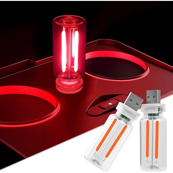2 PCS Car USB Night Light Bulb, Touch Dimmable Car Interior Ambient Lights, Portable Mini USB Retro Glass Bottle Lamp Decorations for Vehicle, Bedroom, Hallway, Camping (Red)