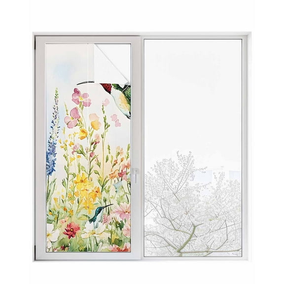 Window Privacy Film Floral Hummingbird Stained Glass Window Film Decorative Sun Block Window Cover Spring Watercolor Flowers Window Clings Static Adhesive Sticker for Bathroom 29.5"x78.7"