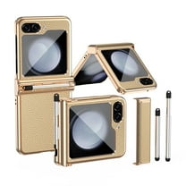 TECH CIRCLE for Samsung Galaxy Z Flip 5 Case with Pen Holder,Slim Plating Hybrid Shockproof Hinge Protector PU Leather Case with Stylus for Samsung Galaxy Z Flip 5 6.7 inch 2023,Gold