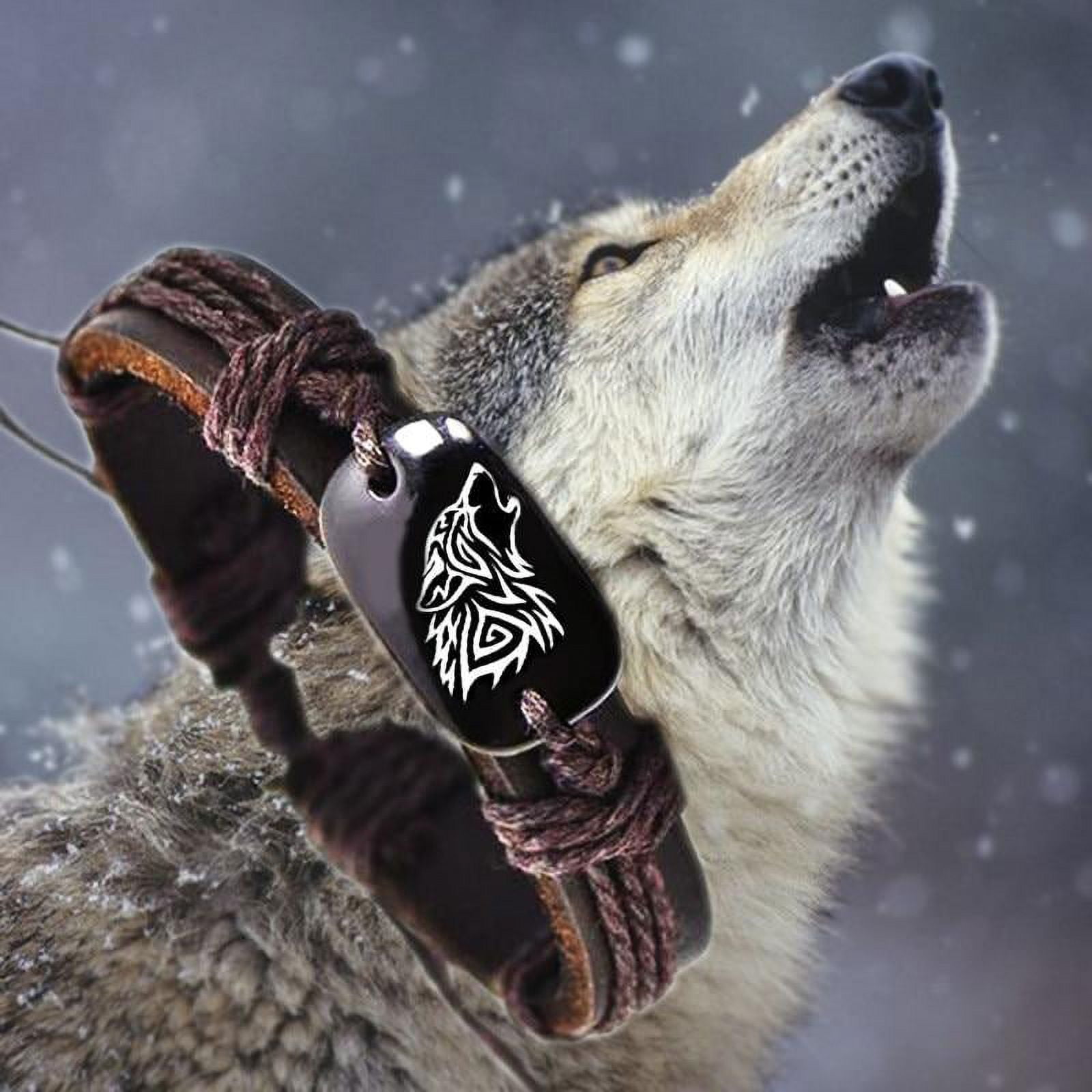 Silver-Tone and Black Leather Men's Viking Wolf Bracelet - IRW030 | JTV.com
