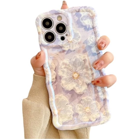 Designed for iPhone Case,Retro Oil Painting Blu-ray Flower Floral Pattern Camera Lens Protection Shockproof Protective Cover Phone Case (White,iPhone 14 Pro Max)