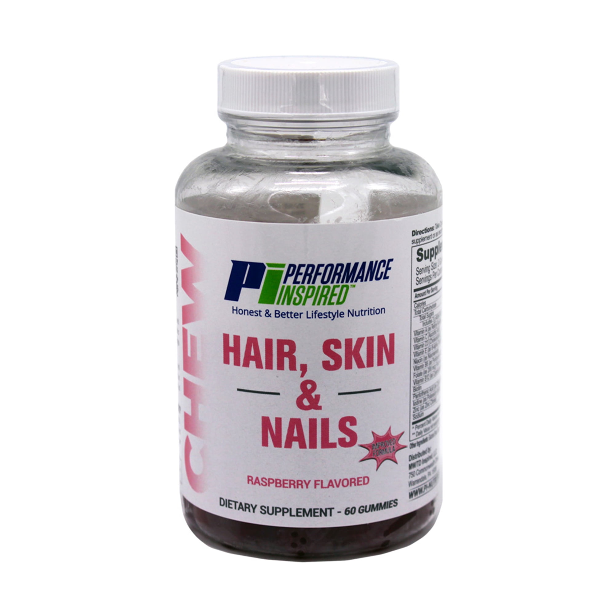 Performance Inspired Nutrition - Hair, Skin & Nails Multivitamin Gummy - Biotin - 60 Count - Raspberry Flavor