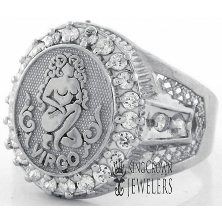 Men's Real 10K White Gold On Genuine Sterling Silver Lab Diamond Virgo Lucky Zodiac Designer Pinky Ring