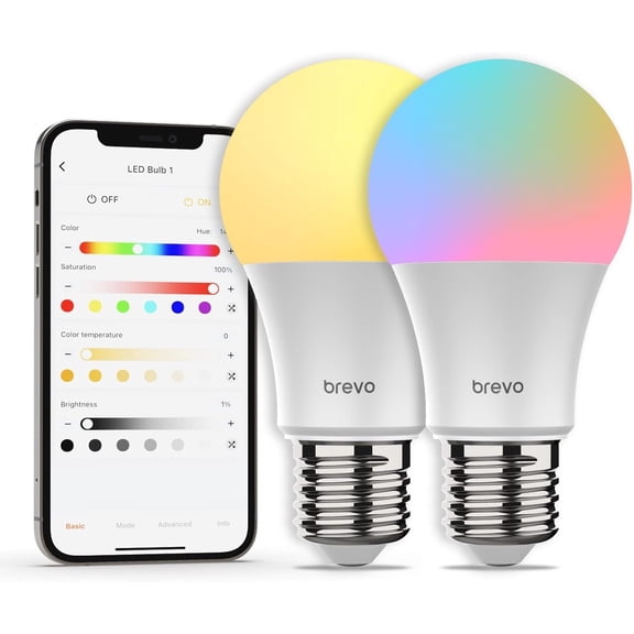 Brevo RGBWW Bluetooth Mesh Smart LED Light Bulbs, 7.5W 730 Lumens 60W Equivalent, 16 Million Colors, 2700k to 6500k Tunable White, App-Enabled, A19 E26, 2 Pack JDWBULB5W