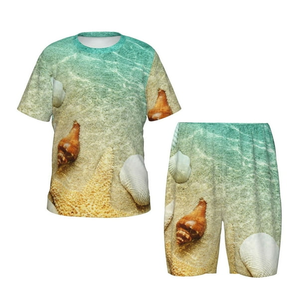 Fotbe Starfish And Seashell On The Beach Pijama Estampada de 2 Piezas para Niños – Ropa de Dormir de Manga Corta Cómoda para Niños y Niñas, Camiseta y Shorts de Algodón-Small