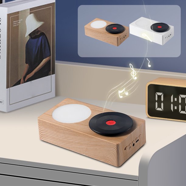 ¡Ofertas Limitadas!, Altavoz Bluetooth Woodgrain 5.0 Tocadiscos retro de vinilo atómico Tarjeta giratoria AUX insertable El diseño de doble propósito es un altavoz y una luz de noche Akmoler