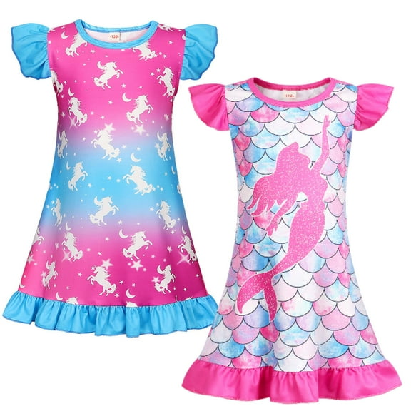 Jurebecia 2 Pcs Summer Girl Unicorns Nightgown Mermaids Cartoon Pajamas Dress for Kids Teenager Night Dress Baby Nightdress Cute Children Clothing 5-6 Years 120 CM