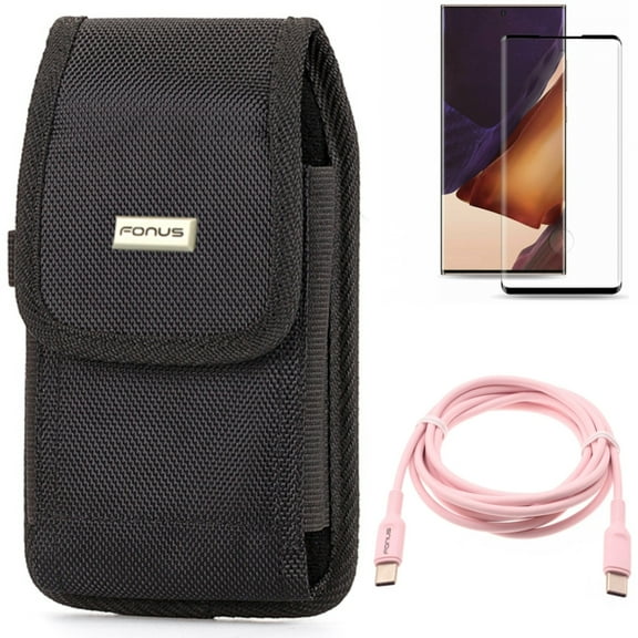 Screen Protector & Pink 6ft Long Cable & Case Belt Clip for Samsung Galaxy Note 20 Ultra (6.9") - Combo with Tempered Glass (Fingerprint Unlock) & USB-C to Type-C PD Fast Charger & Rugged Holster