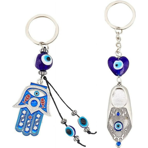 2Pcs 2 Style Turkish Blue Evil Eye Lucky Shoes/Hamsa Hand/Hand of Miriam Pendant Alloy Keychain with Iron Findings Antique Silver & Platinum 13.6~14.5cm 1pc/style