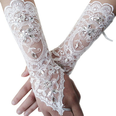 The bride wedding dress long gloves bind fingerless gloves fingerless car bone flowers diamond wedding dress gloves 白色