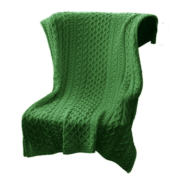Saol Cable Knitted Soft Merino Wool Green Throw Blanket 42" x 62" Irish