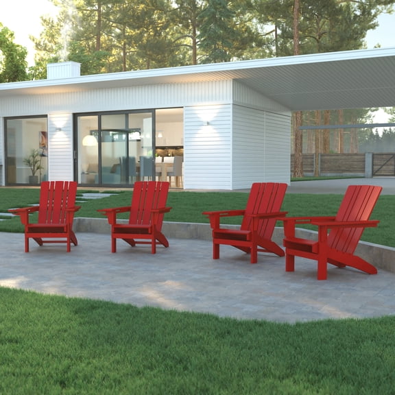 Emma Oliver Set of 4 Adirondack Chairs with Cup Holders, Weather Resistant HDPE Adirondack Chairs in Red