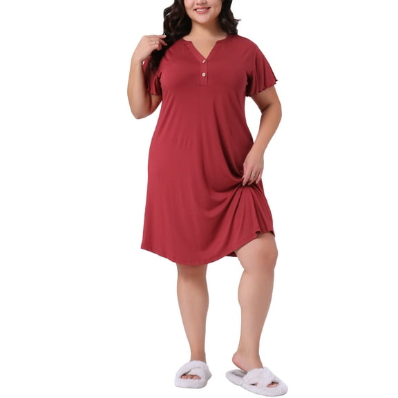 Agnes Orinda Women's Plus Size Nightgowns Notched V Neck Nightshirt Ruffle Short Sleeve Loungewear Midi Nightdress with Button 1X Burgundy