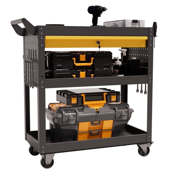 VDEVY 3 Tier Heavy Duty Rolling Tool Cart on Wheels with Drawer & Pegboard, 420Lbs Capacity Mobile Garage Storage Organizer Cart for Mechanics, Workshop
