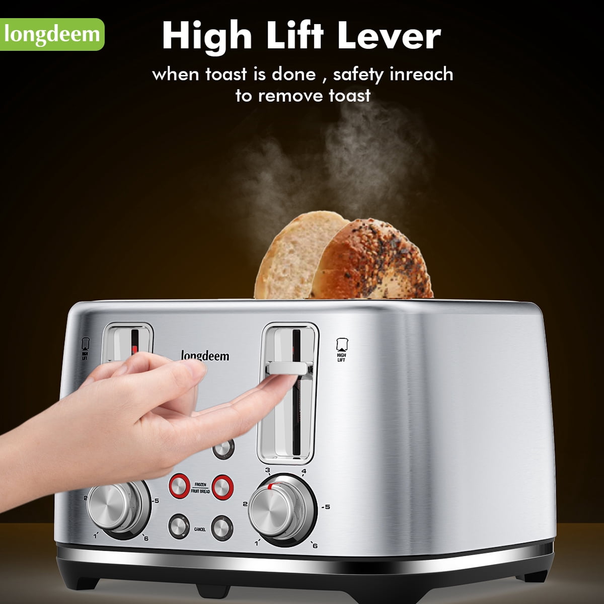 LONGDEEM 4 Slice Toaster - 6 Browning Levels, Wide Slots, High Lift Lever - Silver