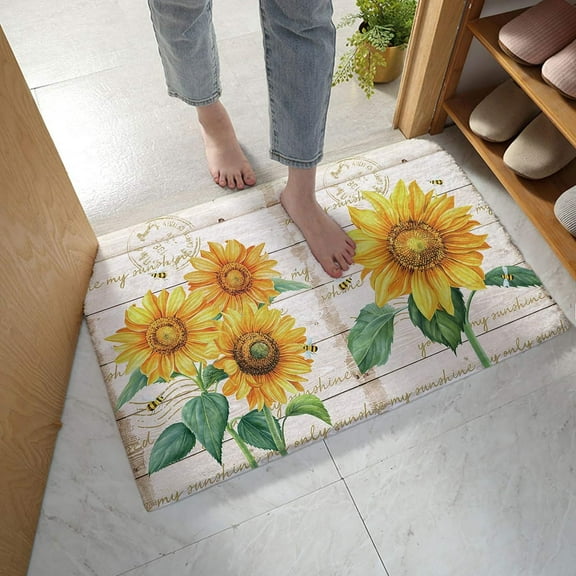 Bathroom Rug Bath Mat 30''x18'' Absorbent Shaggy Bathroom Mat Rug Farm Sunflower Spring Seasonal Flower Yellow Bee Rustic Style Non Slip Microfiber Shower Rug Plush Thick Floor Mat for TubShower