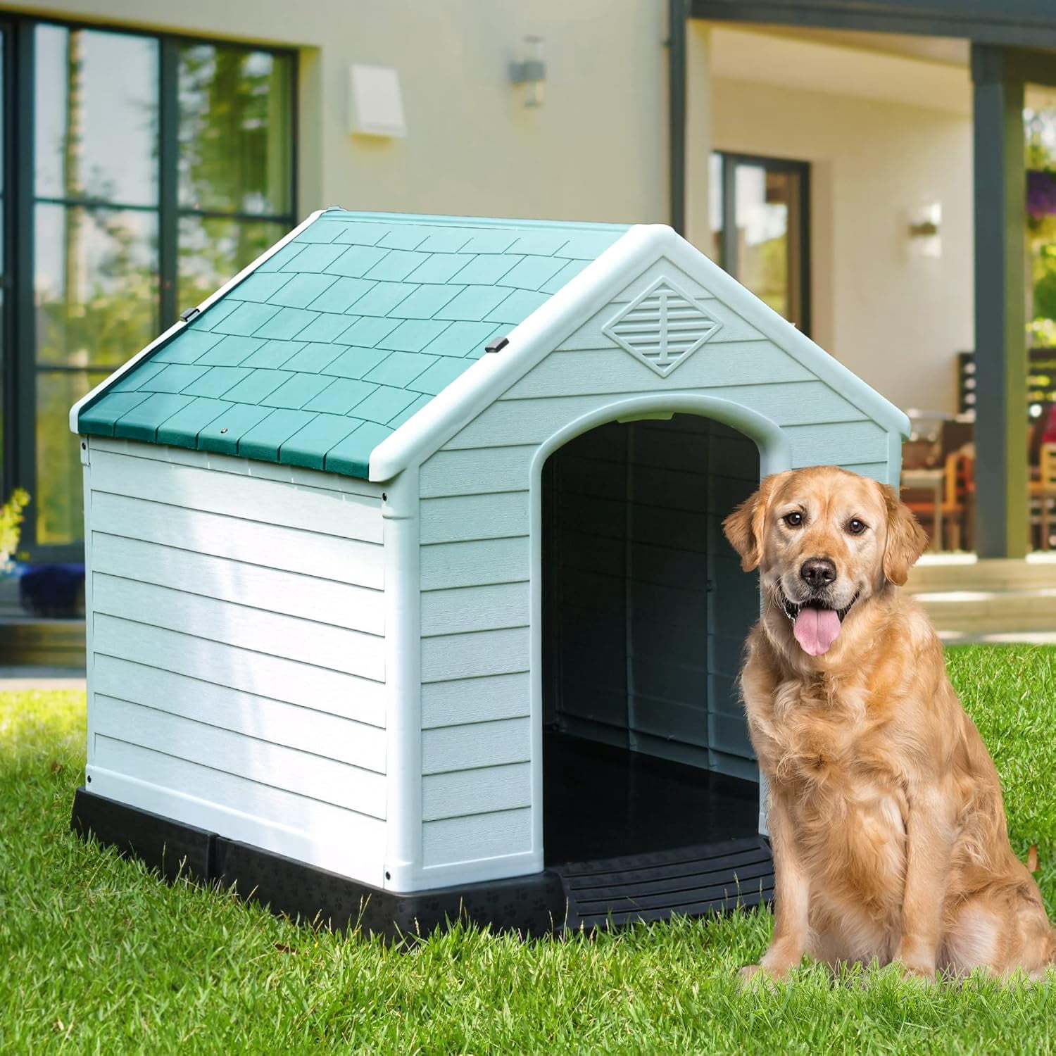 28.5'' Plastic Dog House Outdoor Indoor Doghouse Puppy Shelter Water Resistant Easy Assembly Sturdy Dog Kennel with Air Vents and Elevated Floor (28.5''L*26''W*28''H, Blue)
