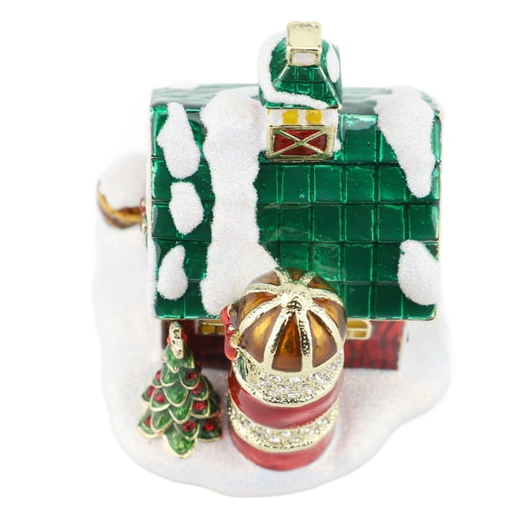 Vintage Enameled Xmas House Trinket Box Collectible Figurine Hinged Jewelry Ring Holder Organizer Decorative Treasure Box for Holiday Decor and Gifting