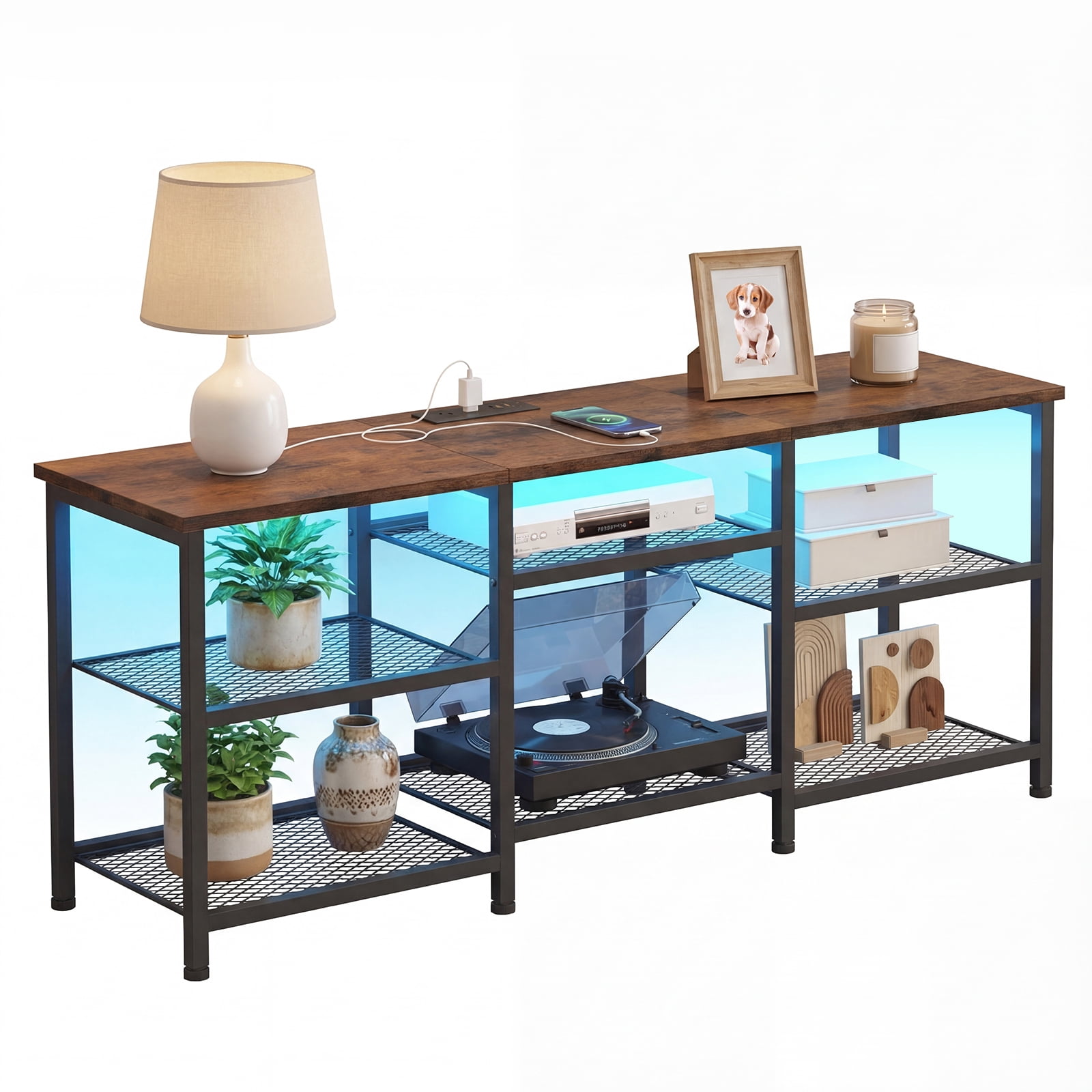 Tomnk 55 Inch TV Stand, Entertainment Center with Power Outlet & LED Lights, Open Storage Shelf Media Console Table for Living Room, Rustic Brown