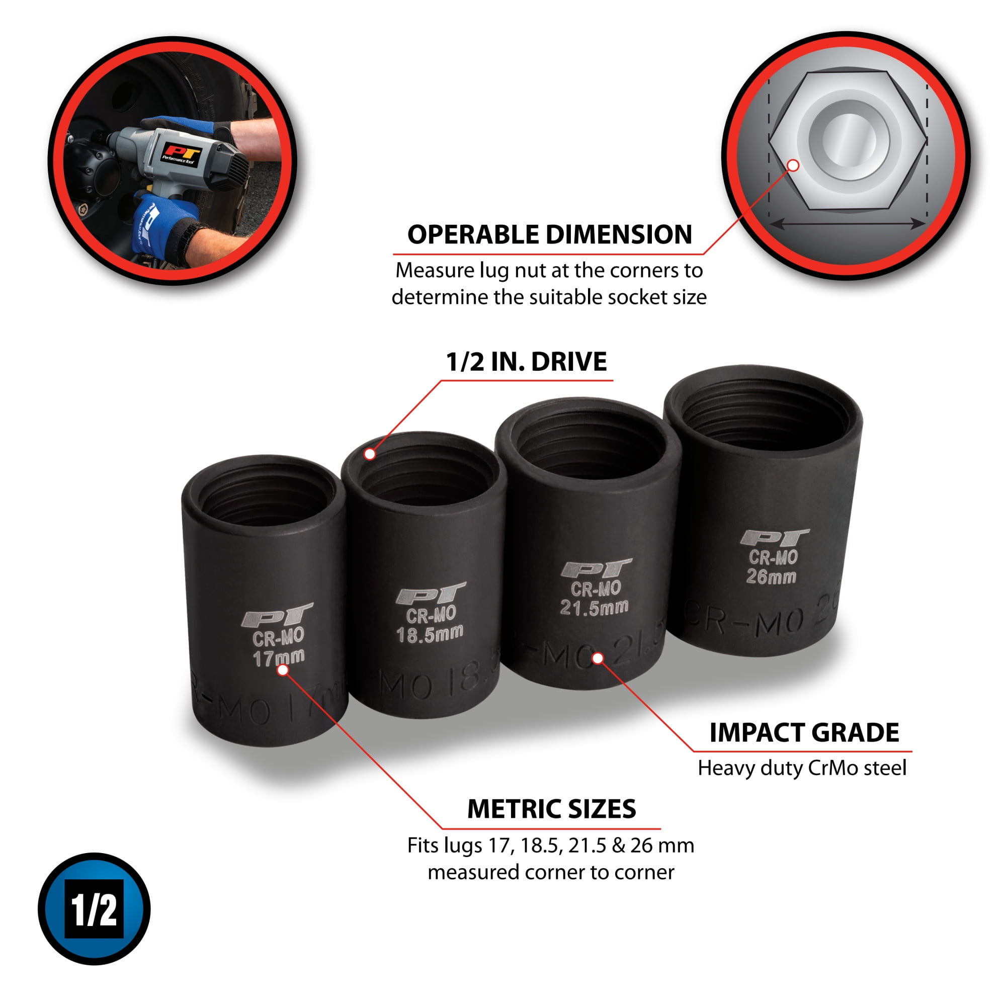 Performance Tool M990 Heavy Duty Impact Socket Set for Lug Nut Removal - Fits 17mm to 26mm, CrMo Steel, Oil Resistant Finish, 1/2-Inch Drive