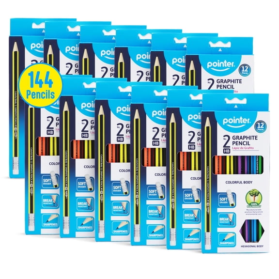Pointer HB #2 Wood Pencils, 2.0mm Lead, Colorful Barrel, Eraser Tip, Pre-Sharpened, 144 Count (12 pack of 12), for School and Office