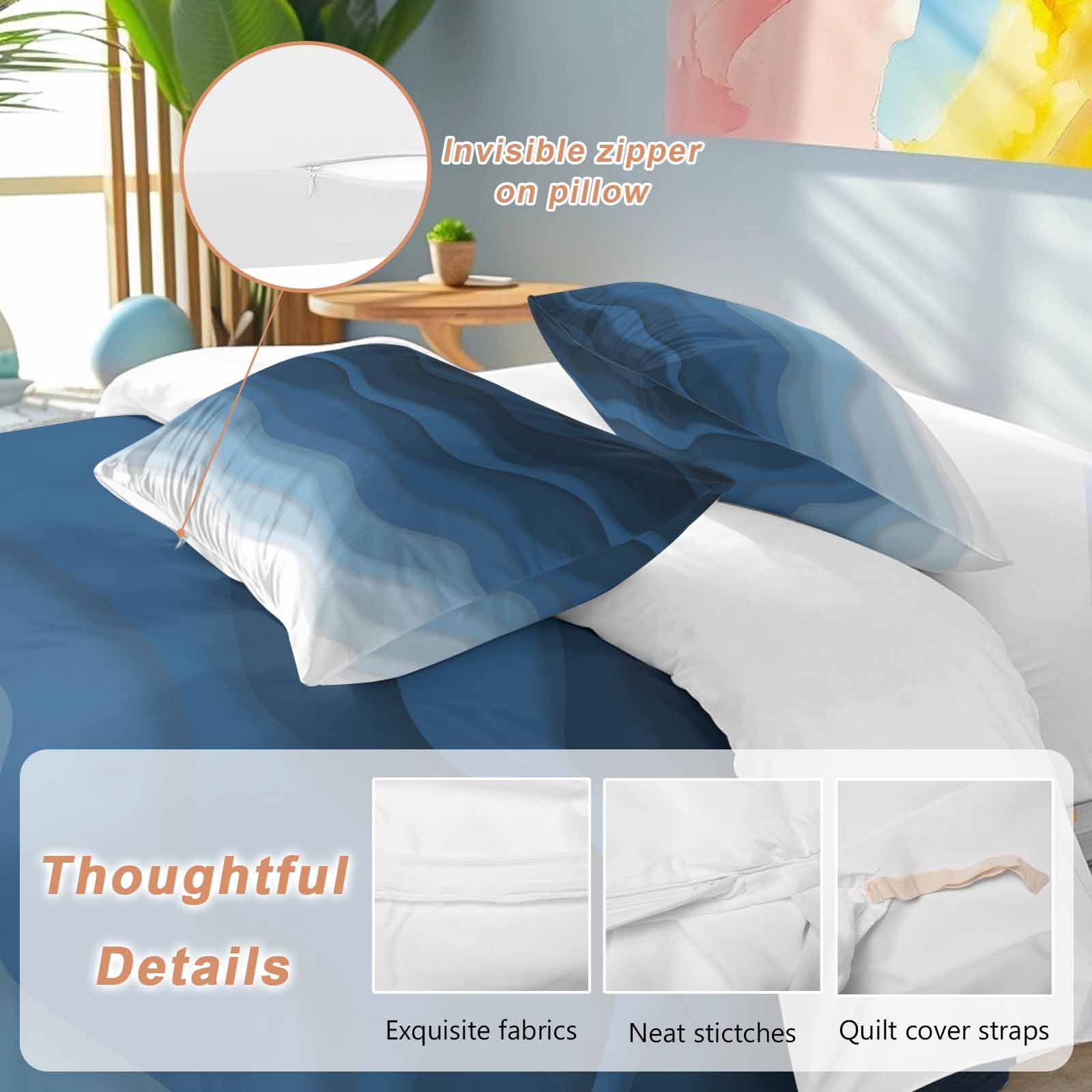 Navy Blue Ombre Bedding 3 Piece Duvet Cover Set Queen Size, Modern Moire Wave Gradient Soft Microfiber Comforter Cover with Zipper Closure & Pillowcases, Wrinkle & FadeResistant Quilt Cover