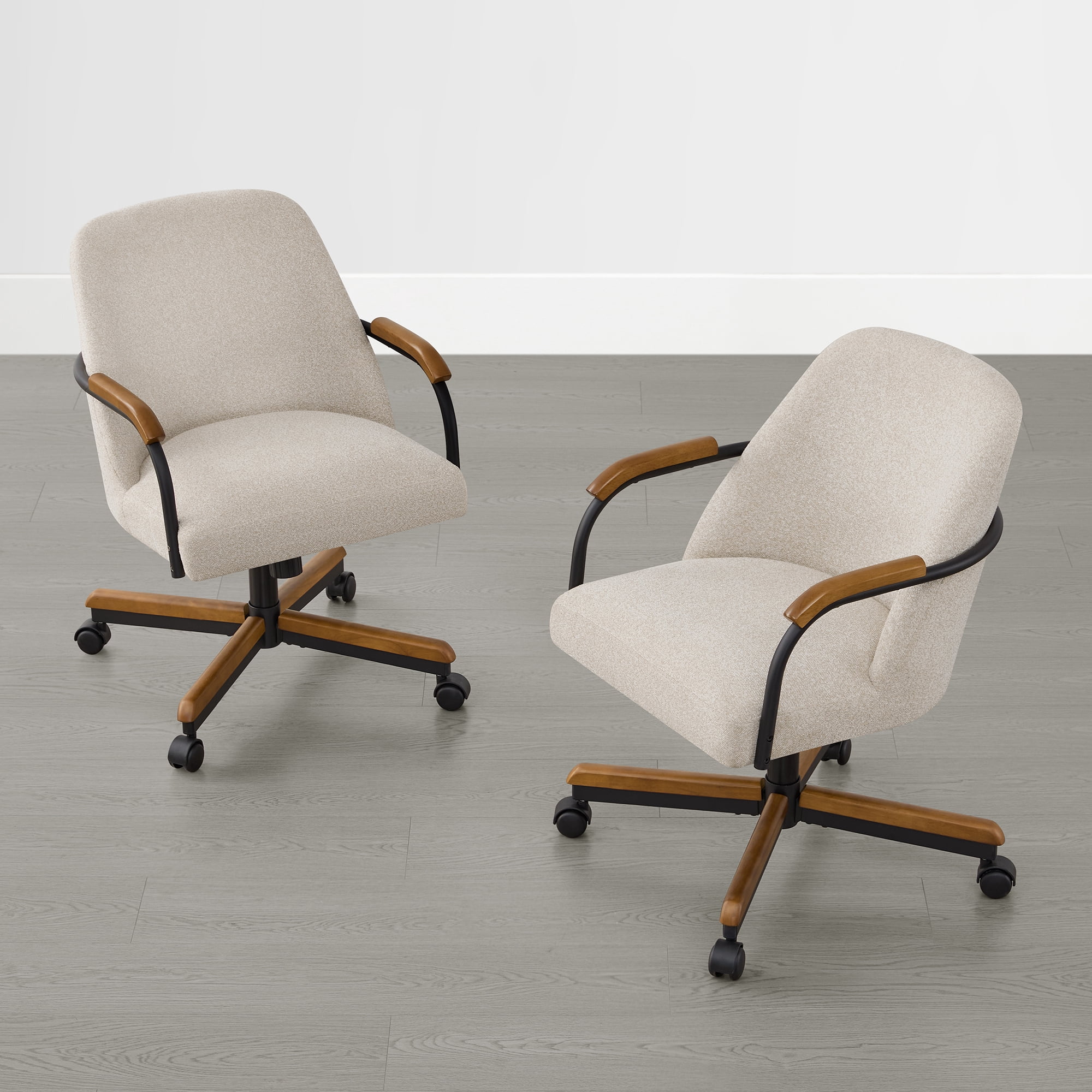 Spruce & Spring Swivel Dining Chairs Set of 2, Upholstered Tilt Chairs with Caster Wheels, Metal Frame & Wood Accents, for Dining Room, Kitchen & Home Office, Sand Fabric