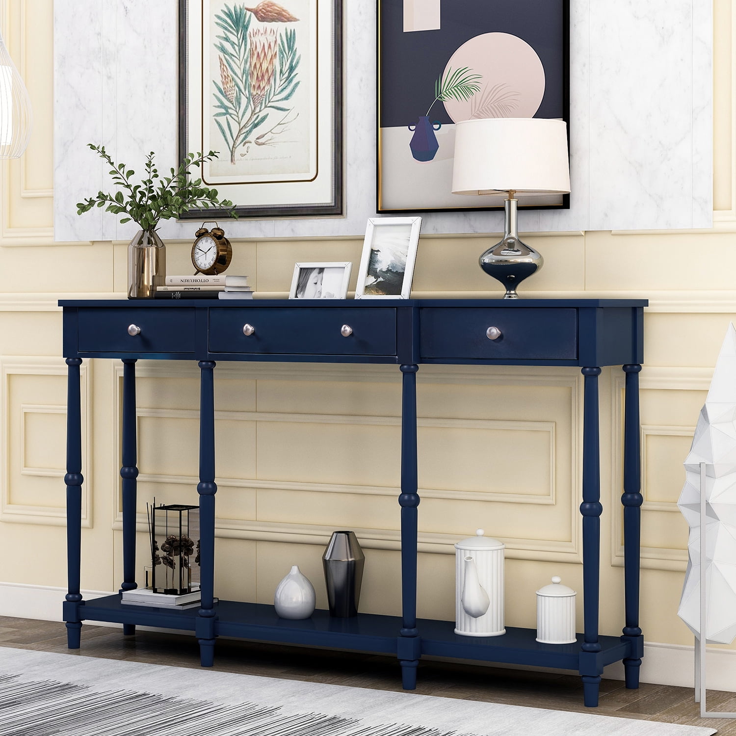 Kadyn Solid Wood Console Table, Modern Classic Entryway Table with Storage Shelf and Drawer, Narrow Long Sofa Entryway Table for Home, Navy