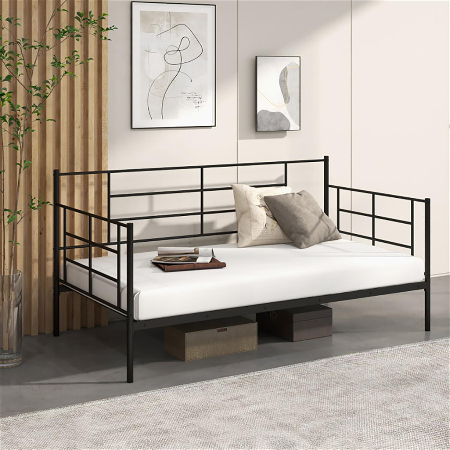 Demi Bonn Twin Size Metal Daybed Sofa Bed Frame with Armrests and Backrest, Modern Bed Frame for Teens, Black
