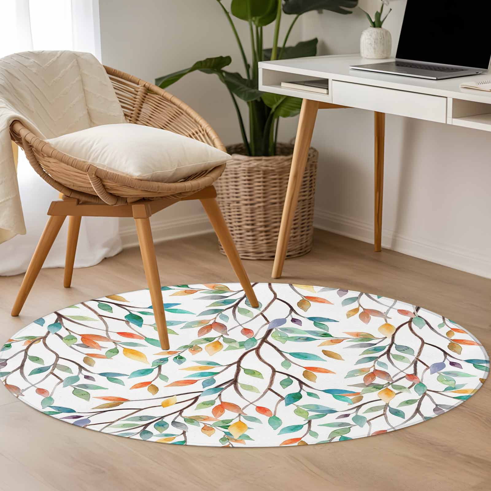 Round Rug 3.3Ft Washable Non-Slip, Teal Orange Eucalyptus Circle Area Rugs for Living Room Bedroom, Weeping Botanical Leaves Indoor Floor Mats Carpet Runner for Home Decor Aesthetic