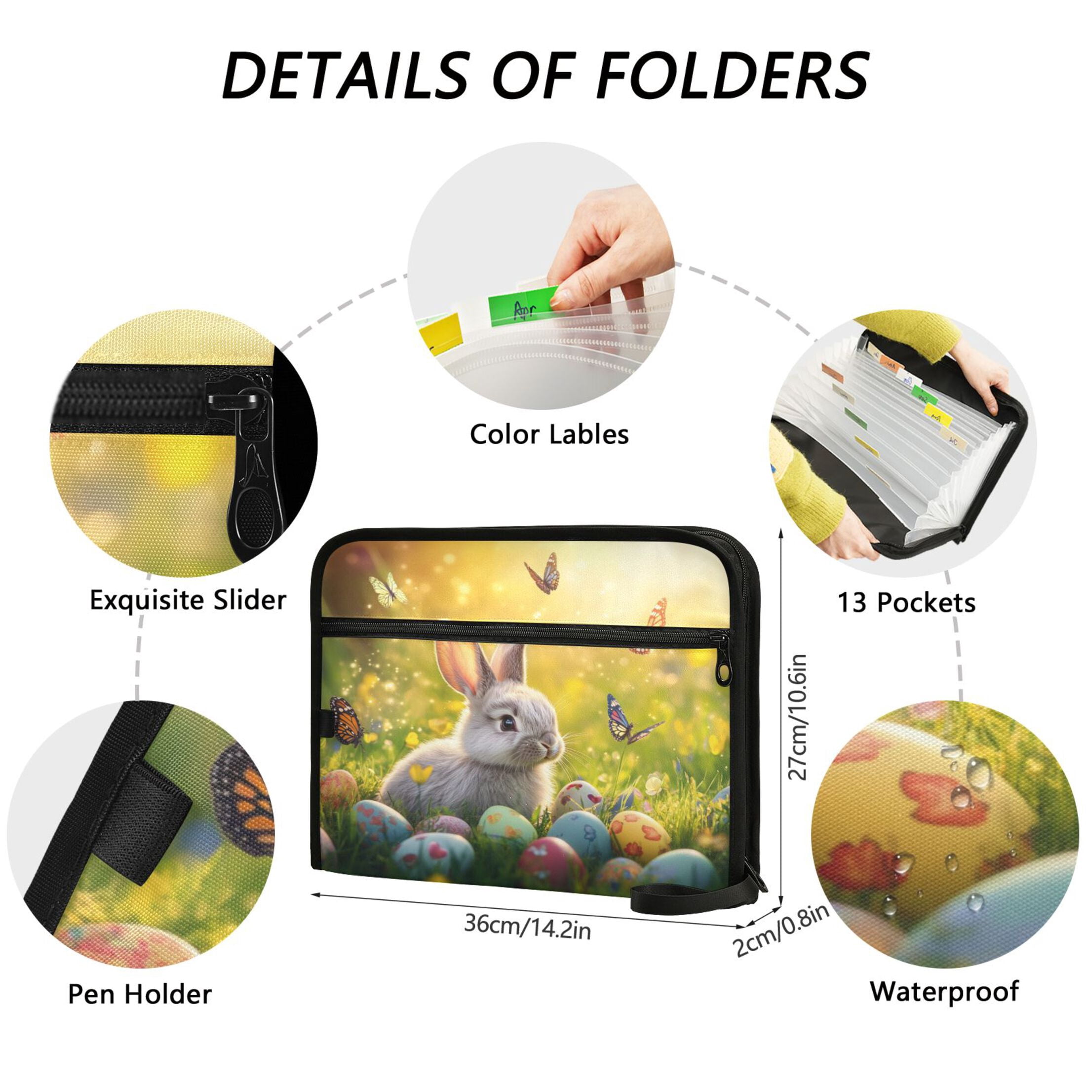 Accordion File Organizer with Zip Closure 13 Pockets Expanding File Folder Letter A4 Paper Document Organizer for Home Office Easter Bunny and Butterflies