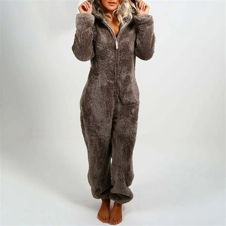 

〖CFXNMZGR〗Overcoats For Women Crew Neck Long Sleeve Hooded Jumpsuit Pajamas Casual Winter Warm Rompe Sleepwear