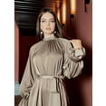 thumbnail image 5 of PAOLA RIBONI Modest Simple Brown Satin Dress With Stylish Sash Full Sleeves Round Neck Elegant Design Ideal For Women Who Appreciate Timeless Fashion, 5 of 10