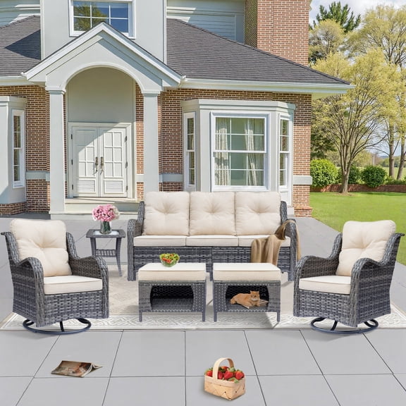6 Piece Outdoor Patio Furniture Set Grey Wicker Patio Furniture-Wicker Swivel Rocker Patio Chairs with Outdoor Ottoman and Wicker Outdoor Couch & Patio Table, All Weather Patio Furniture Set
