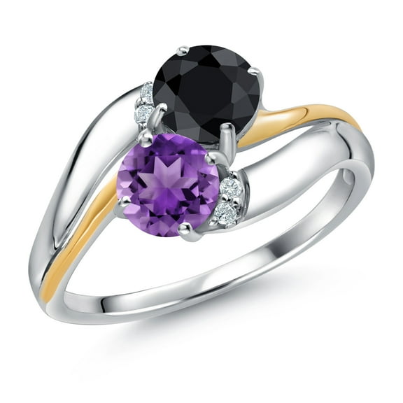Gem Stone King 925 Sterling Silver and 10K Yellow Gold Purple Amethyst Black Sapphire 2 Stone and Lab Grown Diamond Accent Ring for Women (1.19 Cttw, Gemstone February Birthstone, Size 6)
