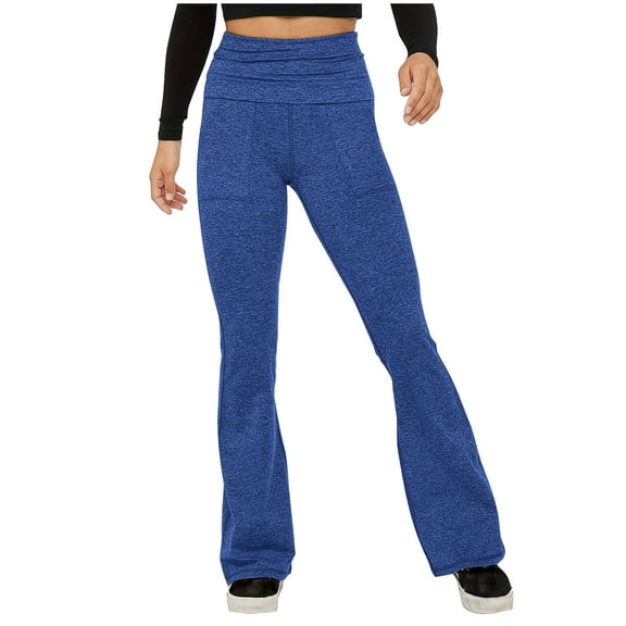 MIUOWANP Elastic Flared Trousers Women's Casual Flare Trousers Solid Elastic Waist Pocket Pants Stretchy Stylish Pants Long Yoga Pants With Pocket Dark Blue M